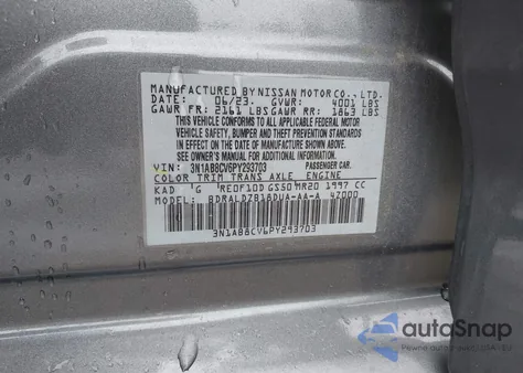 2023 Nissan Sentra Sv Xtronic Cvt из США, поврежденный, VIN 3N1AB8CV6PY293703